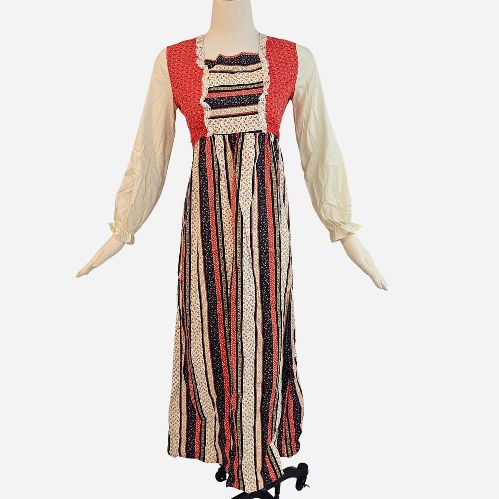70s Maxi Dress w/ Floral Stripes Lace Festival Prairie Americana Empire Waist